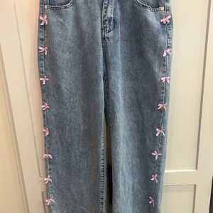 Chic Denim Straight Leg Jeans with Pink Bow Details coquette cottagecore